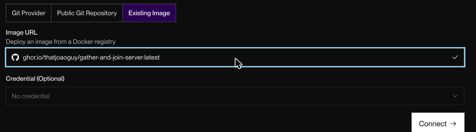 The New Web Service page with the Existing Image tab selected and the image URL pasted in